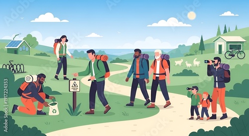 Diverse Group of Hikers Enjoying a Scenic Nature Trail with Eco-Friendly Practices.