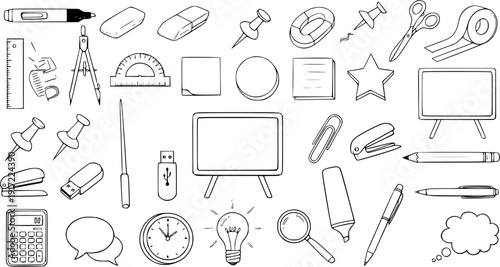 Hand Drawn Doodle Sketch Collection of Office and School Supplies Icons. Simple Black and White Vector Illustration Set of Stationery for Education, Work, and Business.