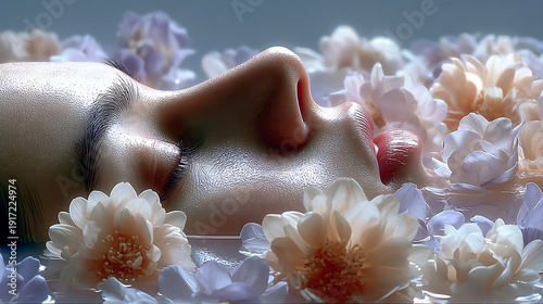 A serene portrait of a person immersed in a bath of flowers, evoking peace and tranquility. Gentle light and soft hues create a calming ambiance