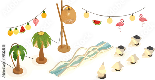 tropical poolside decor with lamps and palm trees