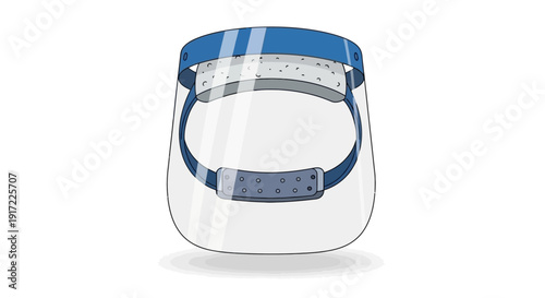 Transparent face shield with blue headband and adjustable strap on white background illustration