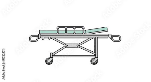 A medical stretcher with safety straps and wheels is ready for emergency transport