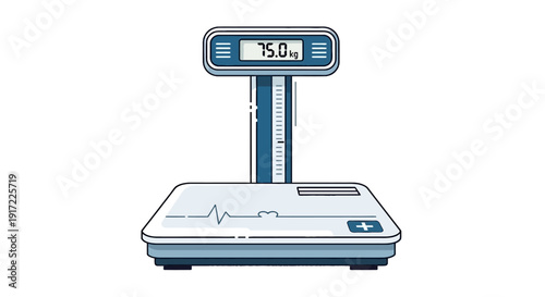 A digital scale with a heart rate line on its screen displays 75.0 kg.