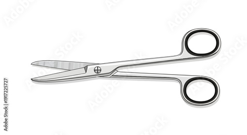 A pair of sharp surgical scissors lying open on a white surface viewed from directly above.