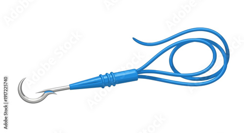 A blue cord with a metal hook is coiled on a white surface
