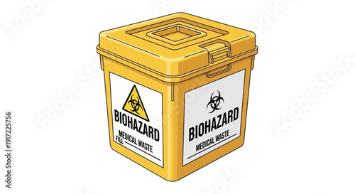 A yellow biohazard box with warning labels on a white background