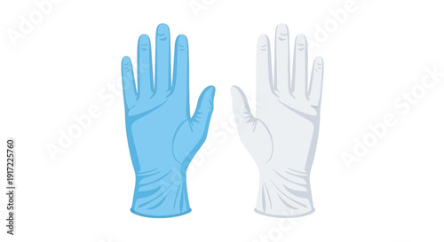 Pair of gloves, one blue and one white, depicted in a side-by-side illustration on a clean background