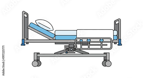 Hospital bed illustration with adjustable height and reclining blue mattress on casters