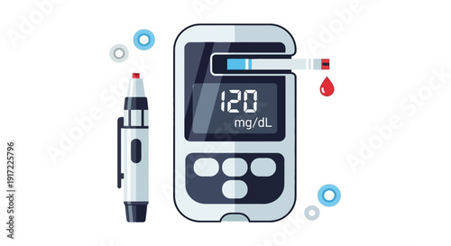 Blood glucose meter with lancet and blood drop on a clean white surface
