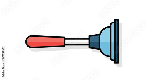 Plumber's tool for unclogging drains, featuring a red handle and blue plunger head, viewed from the side.