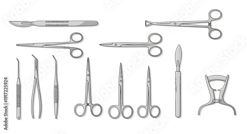 Assorted medical instruments laid out on a sterile surface, viewed from directly above, showcasing various surgical tools