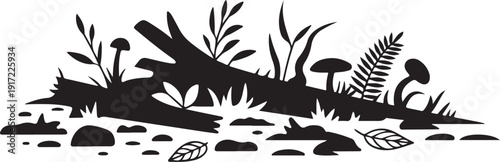 Black and white forest scene with fallen log and mushrooms