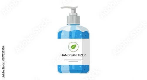 A bottle of hand sanitizer on a clean surface viewed from the front