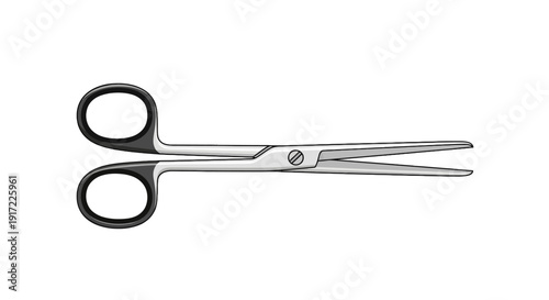 A pair of sharp scissors with black handles and silver blades, isolated on a plain surface, viewed from directly above