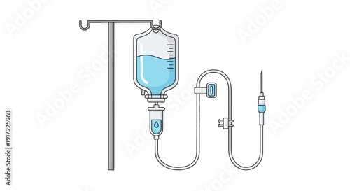 Medical IV drip setup with fluid bag, tubing, and needle on stand