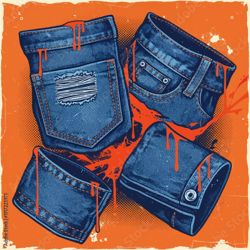 Illustration of various blue denim jeans pockets on an orange background.