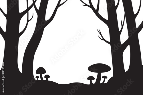 Black and white forest scene with bare trees and mushrooms
