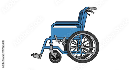 A blue wheelchair with large rear wheels and smaller front casters, illustrated from a three-quarter view.