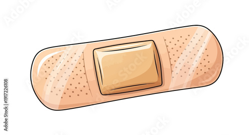 A cartoon band-aid with a beige pad on a flesh-colored strip is illustrated on a clean white background from a straightforward viewpoint
