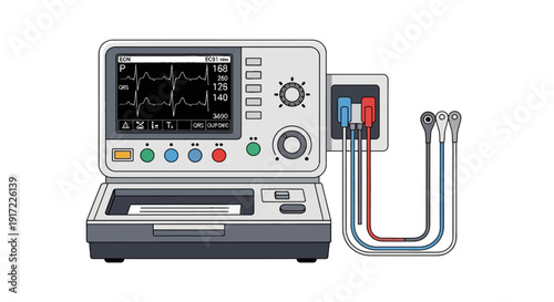 Medical equipment illustration showing an electrocardiogram monitor with cables connected to electrodes