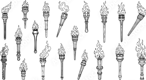 Hand-Drawn Torches with Flames Set. Vintage Outline Sketch Collection of Ancient Flaming Lighting Devices, Black and White Line Art Illustration.