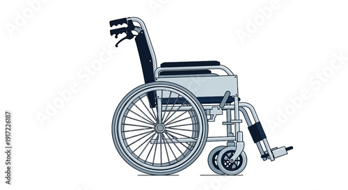 A sleek wheelchair with modern design and adjustable parts is viewed from the side, showcasing mobility aid technology.