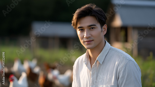 A portrait of a serene man standing in a farm, exuding a gentle demeanor with the backdrop of a coop. The person has an amicable appearance.