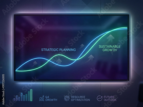 Digital screen displaying glowing business graphs for strategic planning and sustainable growth, complemented by data icons for Q4 performance, resource optimization, and future outlook in a