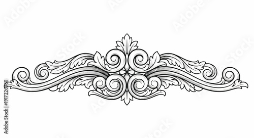 Intricate black and white ornamental design with swirling patterns and floral motifs on a plain white background.