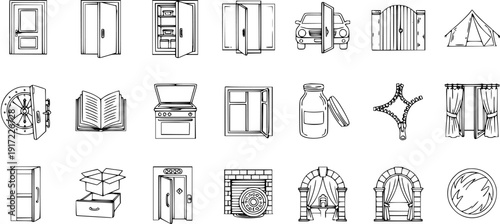 Line Art Icons of Openings and Access Points: Doors, Windows, Gates, Safes, Books, Car, Tent, Refrigerator, Oven, Boxes, Jars, Zippers, and Arches