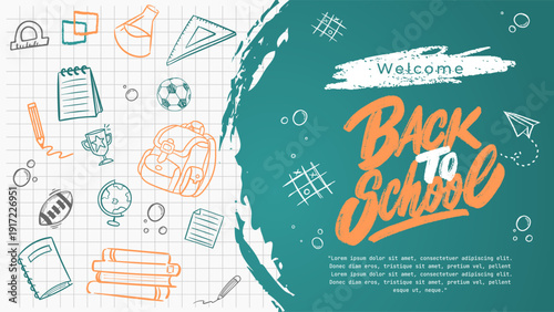 Back to School Book Paper Doodles Illustration. Back to School background with Book Paper and school supplies Doodles. Back to School Banner