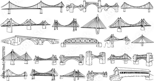 Detailed hand-drawn sketches illustrating a diverse collection of bridge types, including suspension, arch, truss, and cable-stayed designs, perfect for engineering or architectural themes.