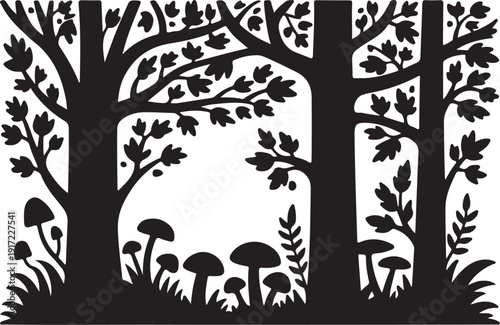 Black and white forest scene with trees and mushrooms