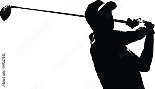 Golfer silhouette executes a powerful drive swing with a driver club against a bright white background.