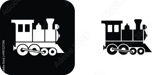 Black and white icons of a classic steam locomotive are displayed with one set inside a square icon format.