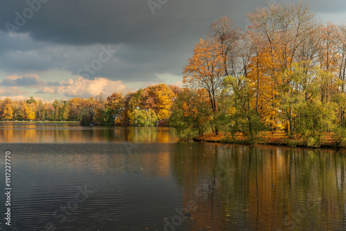 Great Pond in the Catherine Park of Tsarskoye Selo on a sunny autumn morning, Pushkin, St. Petersburg, Russia