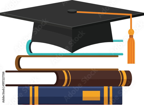 Graduation cap rests atop a stack of three thick hardcover books featuring gold detailing and a tassel hanging down beside the.