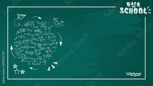 Back to School Chalkboard doodles Illustration. Back to School background with green chalk board and school supplies.