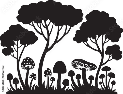 Black and white forest scene with trees and mushrooms