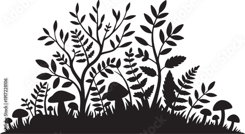 Black and white forest scene with trees and mushrooms