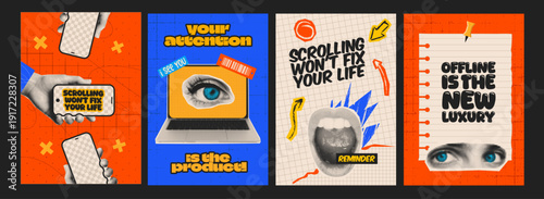 Set of bold halftone collage posters about internet addiction and digital obsession. Retro pop art style with smartphone, eye and typography for social media and modern design.