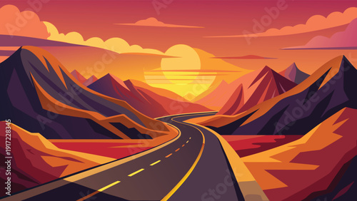 Vector mountain road landscape at sunset