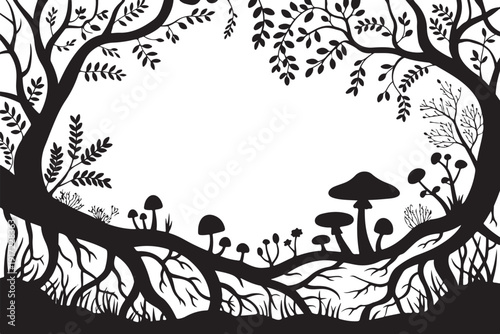 Black and white forest scene with trees mushrooms and roots