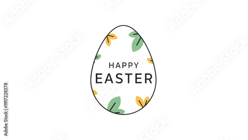 Vibrant Easter Egg Illustration with 'Happy Easter' Text and Leafy Floral Decorations, Perfect for Holiday Greetings and Festive Designs