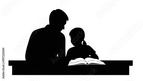 Silhouette illustration depicting a caring adult guiding a child's learning experience, emphasizing education and shared knowledge at a desk