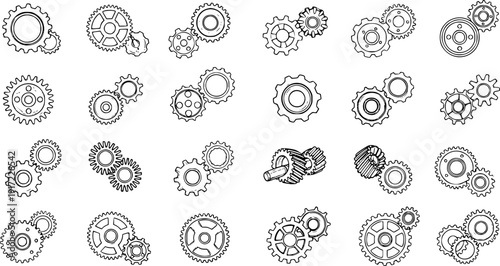 Hand-Drawn Outline Gear and Cogwheel Collection - Mechanical Engineering, Industrial Connection, and Teamwork Concept Vector Set