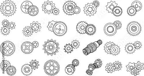 Detailed Black and White Line Art Collection of Various Gears and Cogs, Representing Mechanical Engineering and Industrial Technology