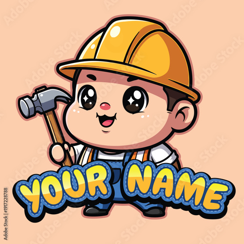 Logo vector cute chibi construction worker cartoon character holding a hammer, wearing a hard hat and overalls, perfect for personalized builder or handyman business logos and branding