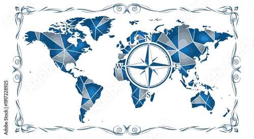 A blue and gray geometric world map with a compass in the center, surrounded by a decorative border on a white background.