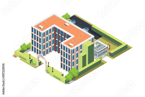Modern isometric small modern school building with schoolyard,  supermarket and stadium. Educational building exterior. Isometric city map elements